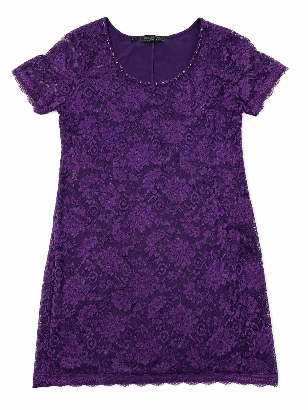 BCX Deep Purple Lace Shift Dress with Beaded Scoop Neck